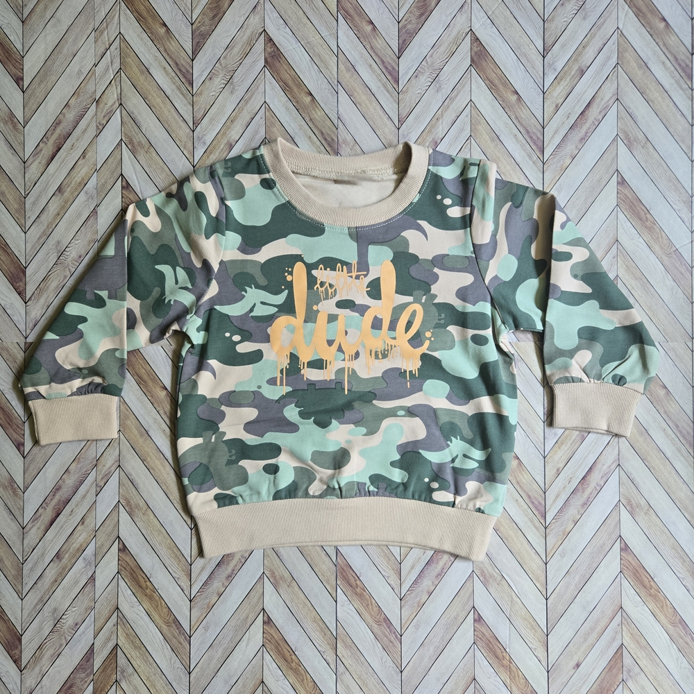 Boy Girl Camo "Little Dude" Sweatshirt Camoflauge Neutral Dino Kids Sweater 4-5Y